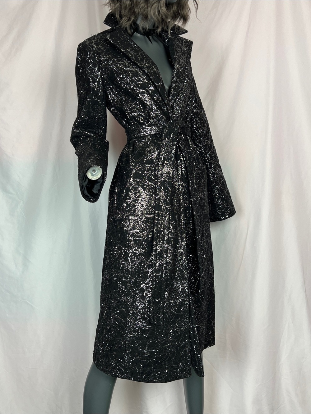 Black Metallic Mesh Web Cyber Trench Coat